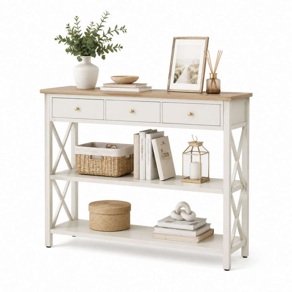 Consolle da ingresso con 3 cassetti e 2 ripiani bianco e rovere in MDF 120 x 35 x 85 cm