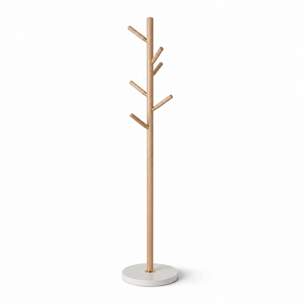 Appendiabiti da terra in legno massello naturale e marmo bianco con 6 ganci 35 x 35 x 175 cm