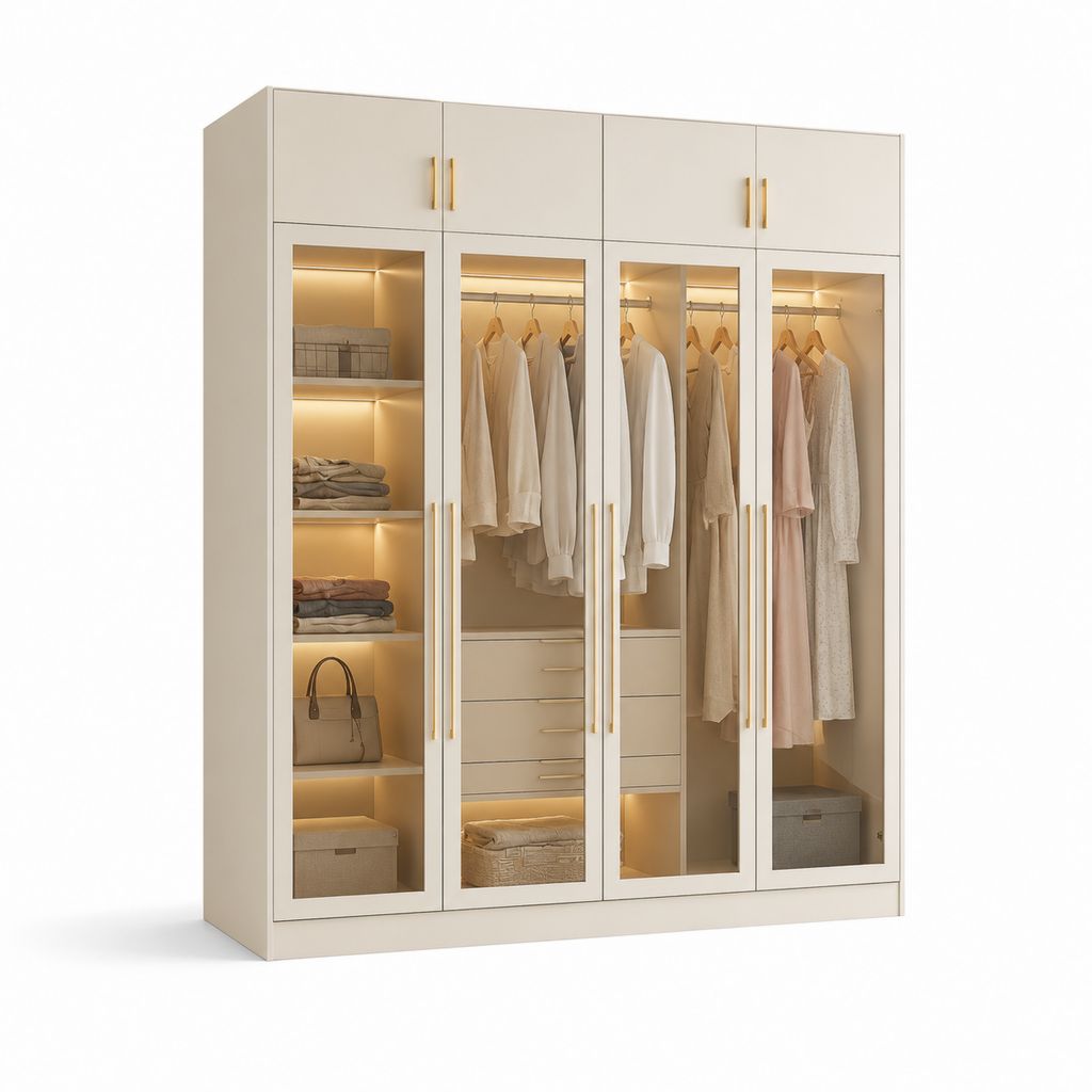 Armadio guardaroba 4 ante a battente beige in truciolare nobilitato e vetro 200 x 60 x 240 cm