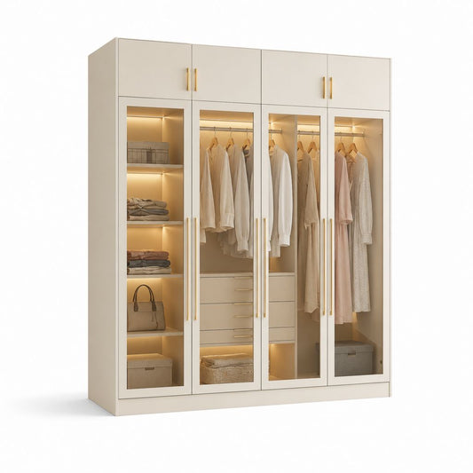 Armadio guardaroba 4 ante a battente beige in truciolare nobilitato e vetro 200 x 60 x 240 cm