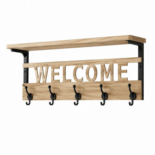 Appendiabiti da parete con mensola 5 ganci in MDF effetto rovere e acciaio nero 80 x 24 x 40 cm