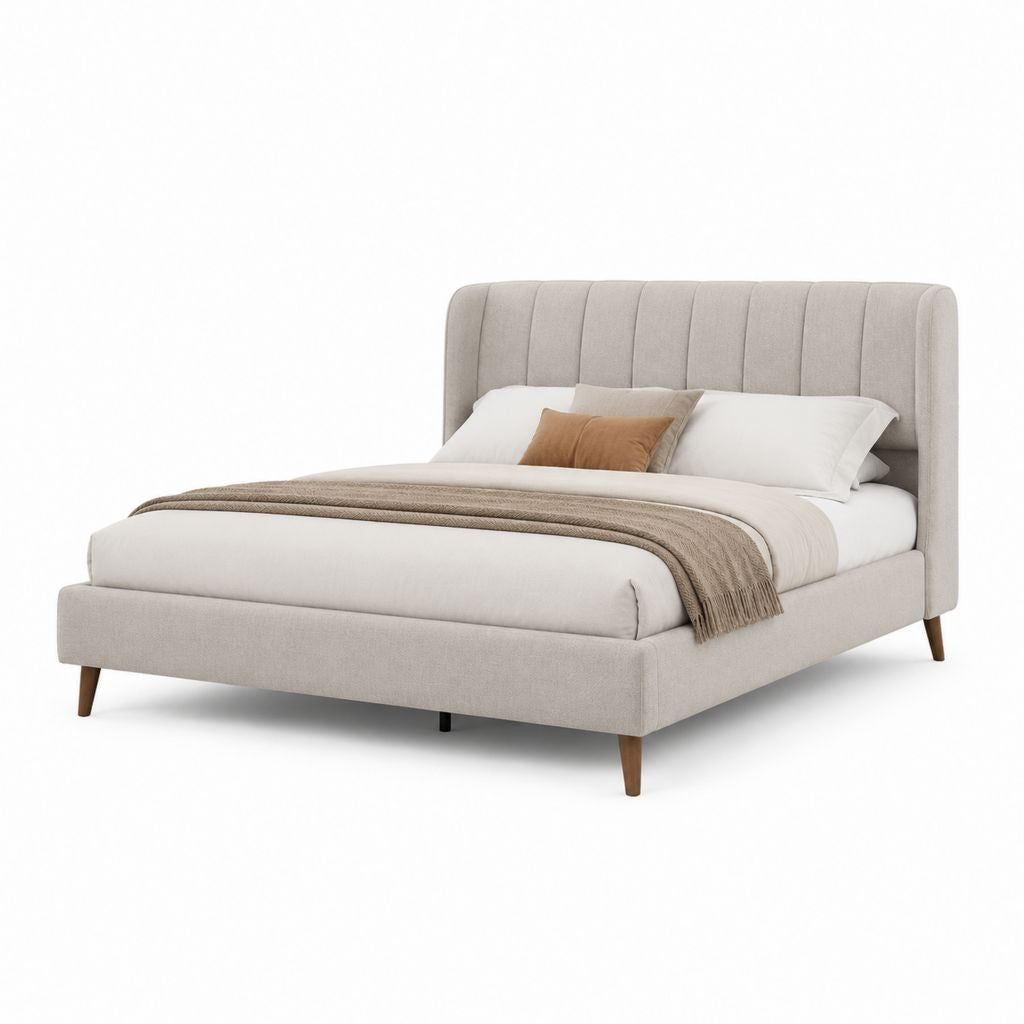 Letto matrimoniale imbottito beige in poliestere con testiera 160 x 200 cm