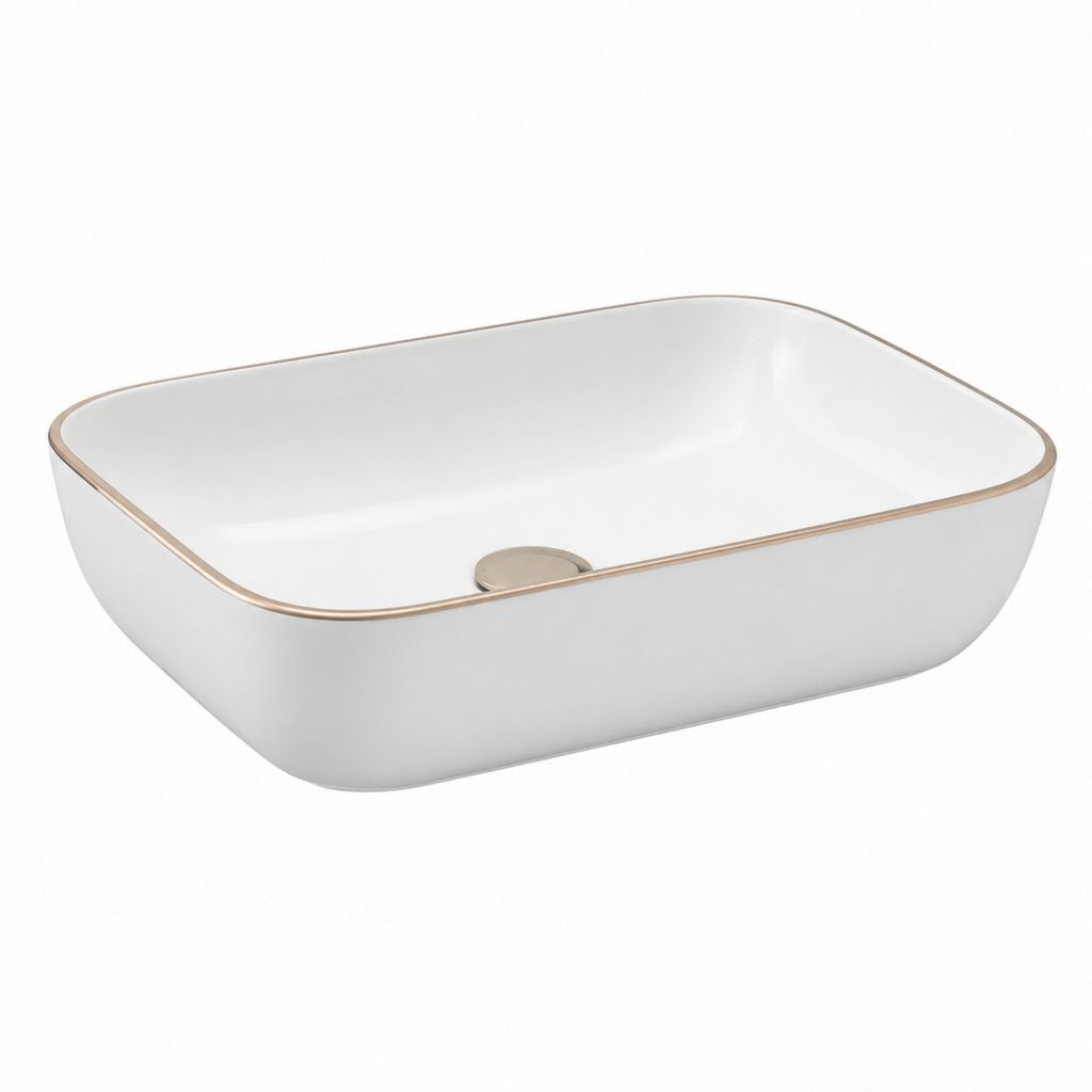 Lavabo da appoggio in ceramica bianca rettangolare con bordo oro 60 x 40 x 13 cm