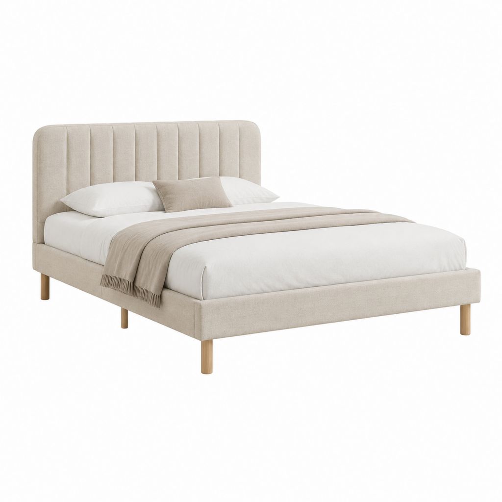Letto matrimoniale imbottito beige in poliestere con testiera a pannelli verticali 160 x 200 cm