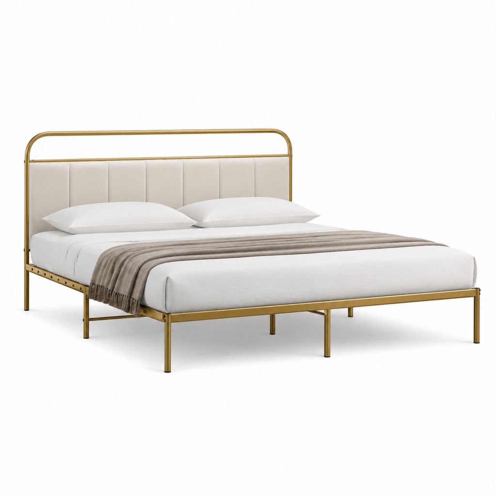 Letto matrimoniale rettangolare in acciaio dorato con testiera imbottita beige 160 x 200 cm