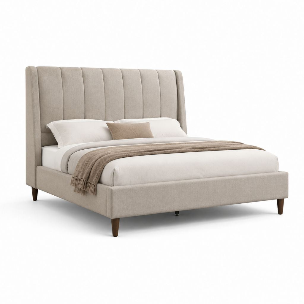 Letto matrimoniale imbottito beige in poliestere con testiera alta 160 x 200 cm