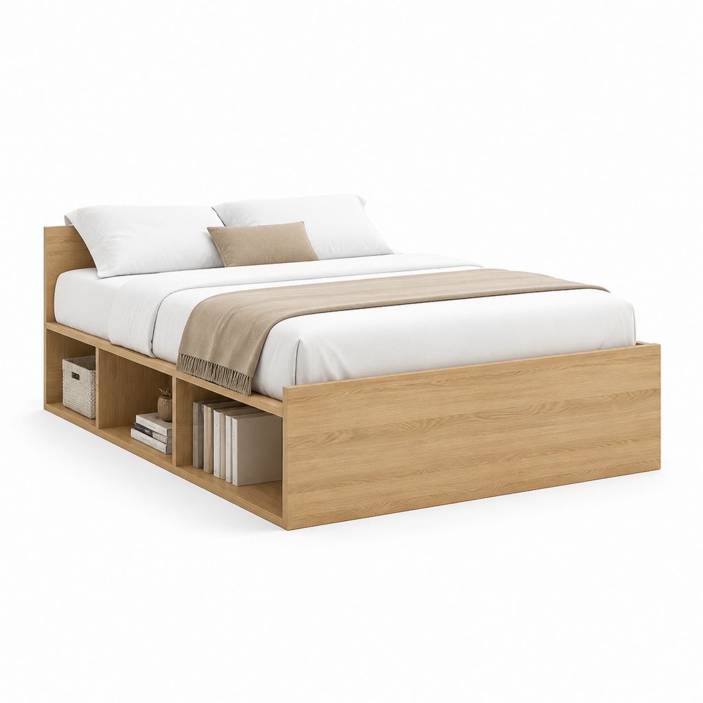 Struttura letto matrimoniale rovere chiaro in MDF nobilitato con vani contenitore 160 x 200 cm