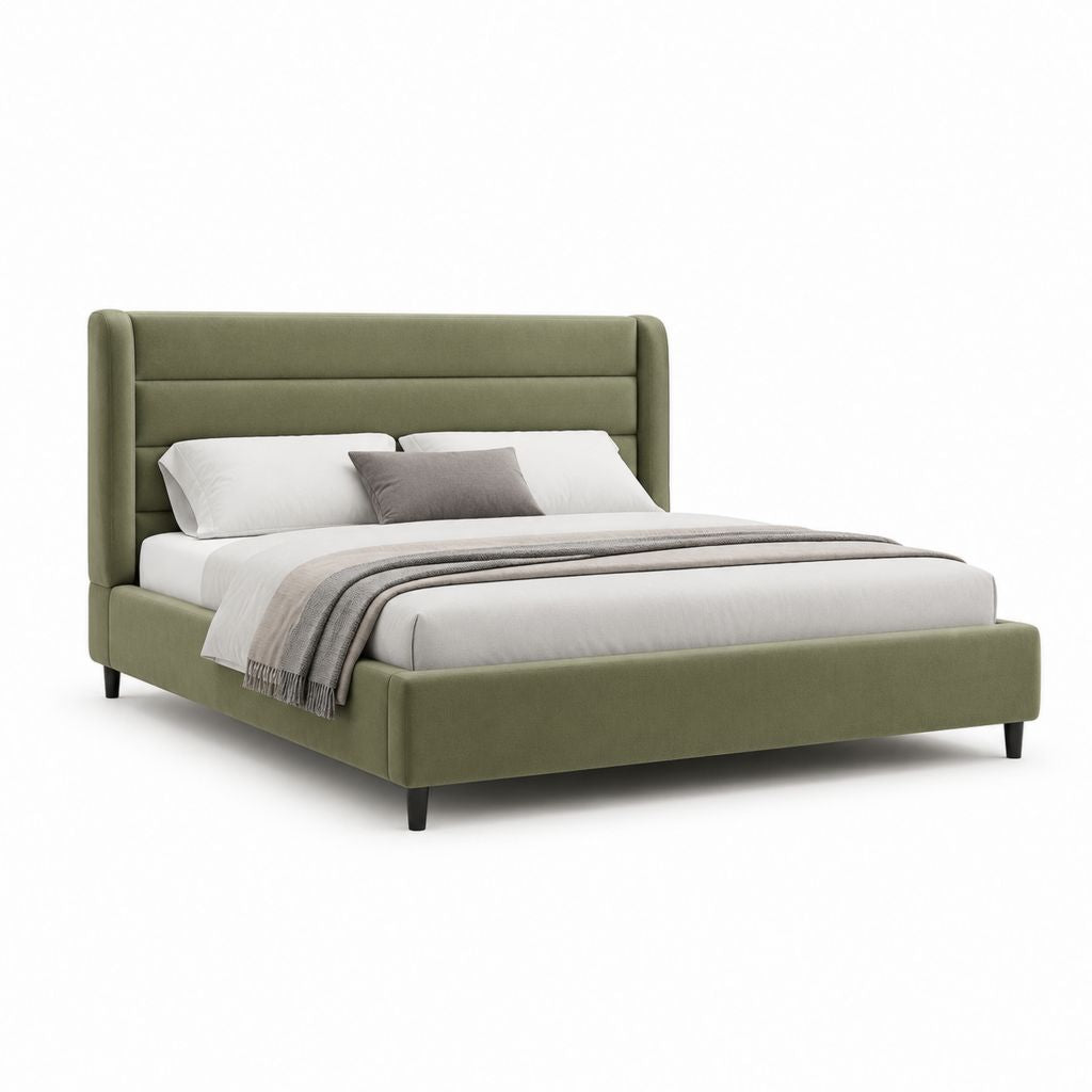Letto matrimoniale imbottito verde oliva in poliestere con testiera rettangolare 160 x 200 cm