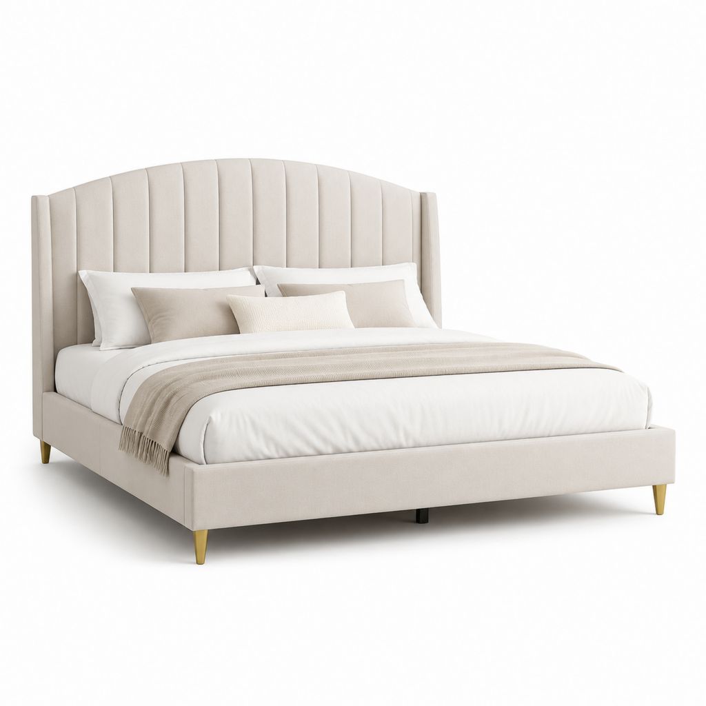 Letto matrimoniale beige imbottito in poliestere con testiera arcuata 160 x 200 cm