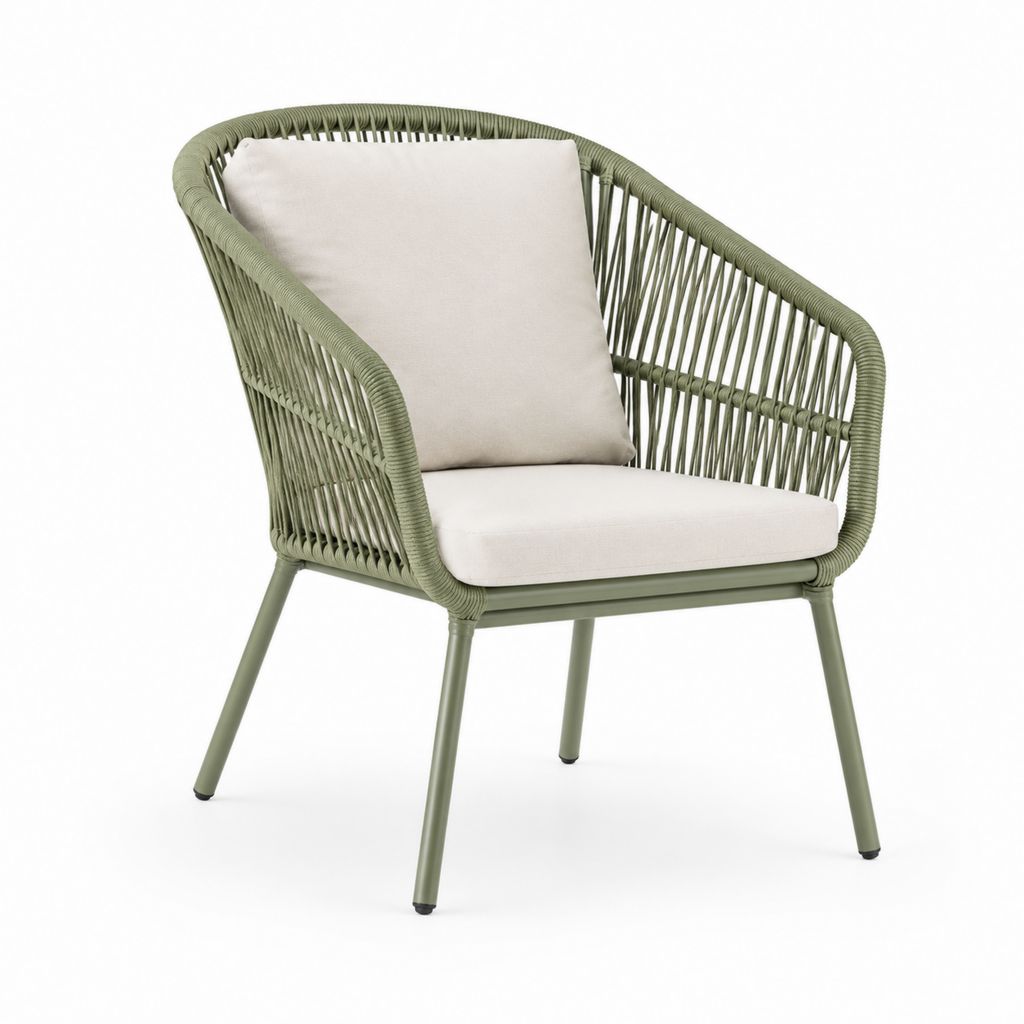 Poltrona da giardino verde in acciaio e corda in polipropilene con cuscini 76 x 75 x 78 cm