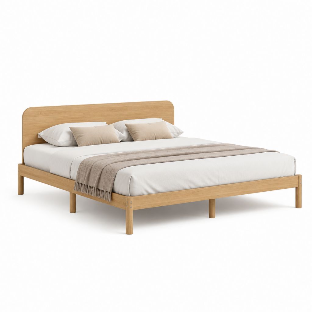 Letto matrimoniale con testiera rovere chiaro in legno massello di pino 160 x 200 cm