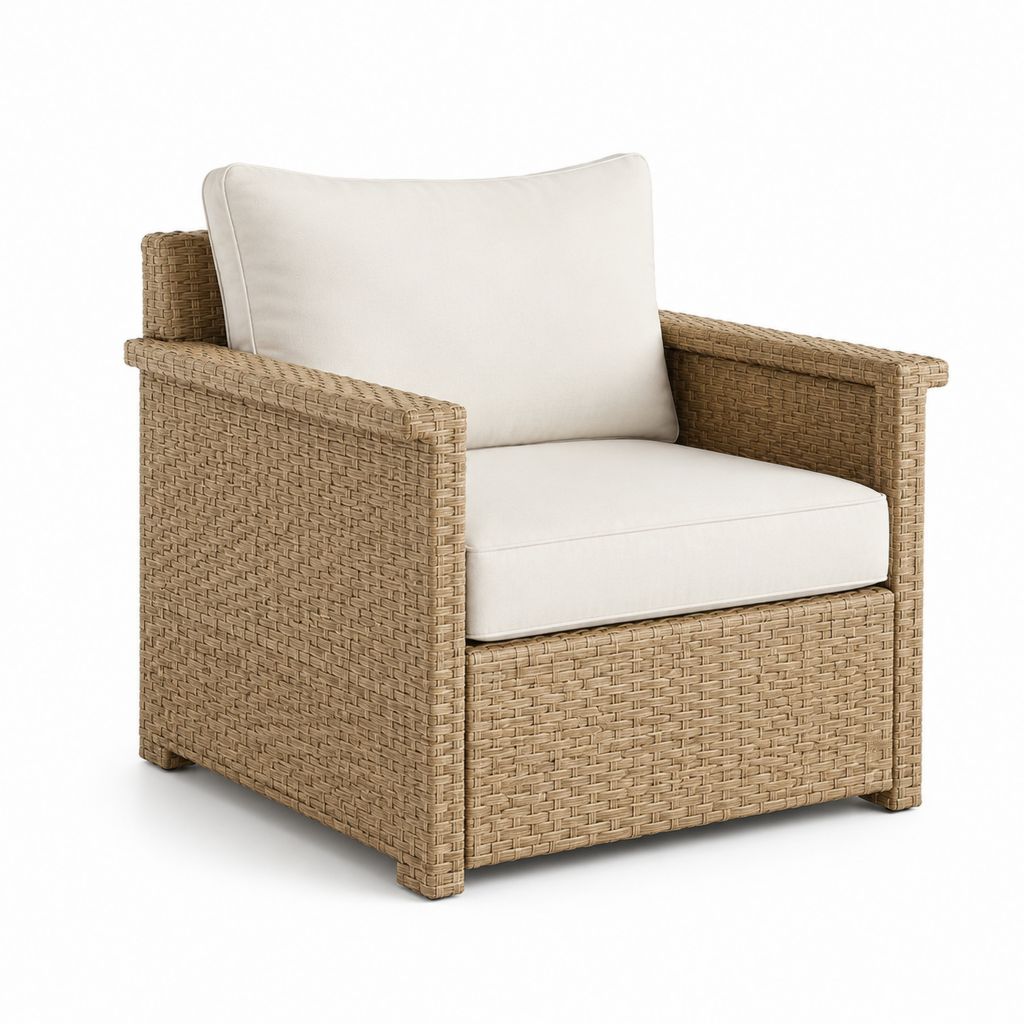 Poltrona da giardino in rattan sintetico beige con cuscini avorio 78 x 82 x 82 cm