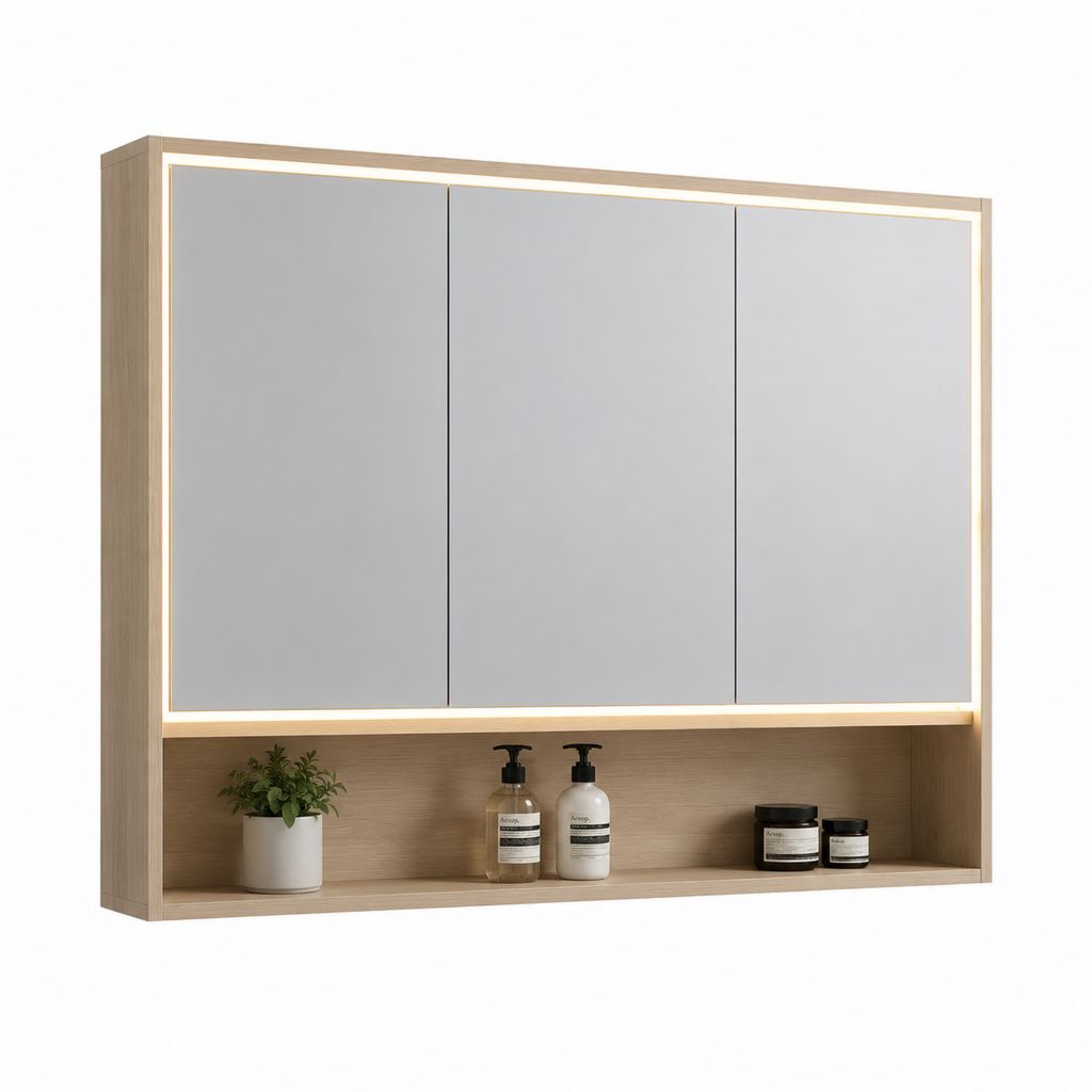 Armadietto bagno con specchio LED a 3 ante in MDF rovere 100 x 70 x 15 cm