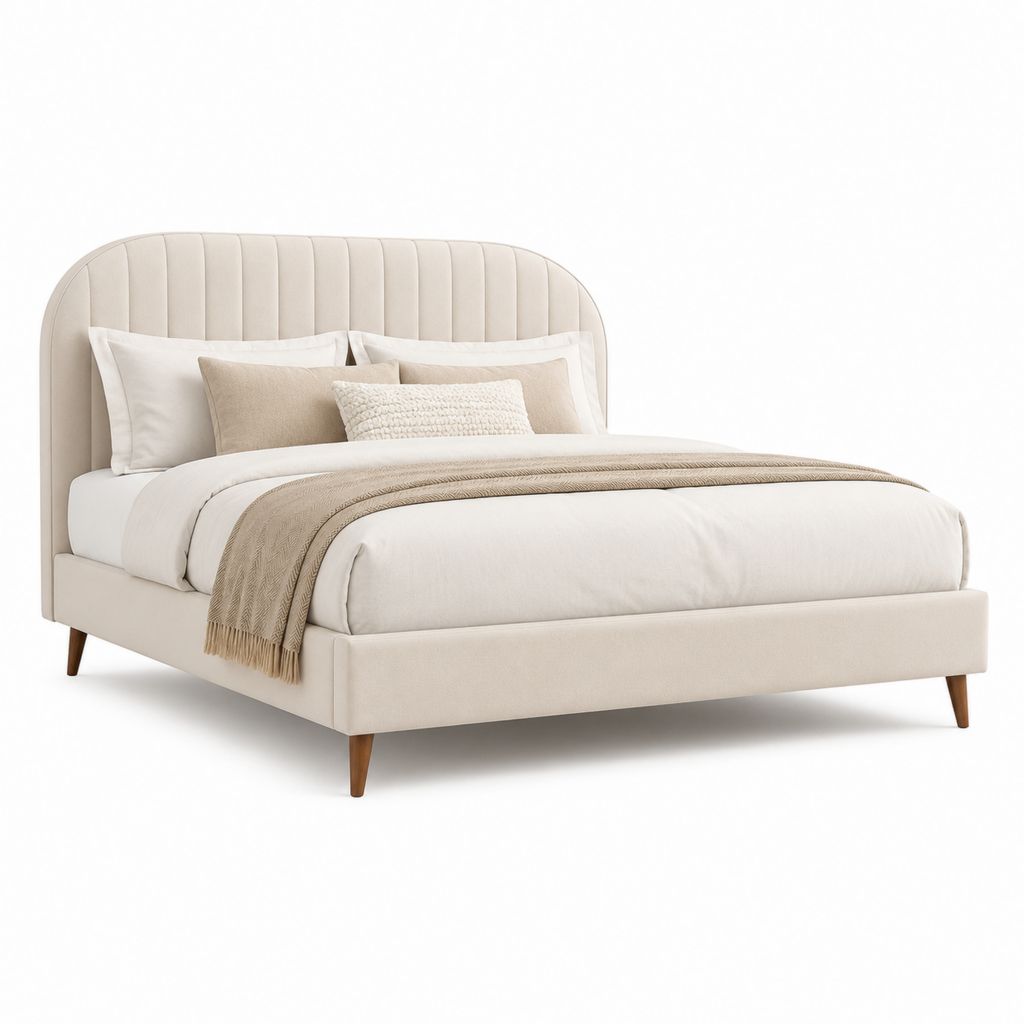 Letto matrimoniale imbottito beige in poliestere con testiera arrotondata 160 x 200 cm