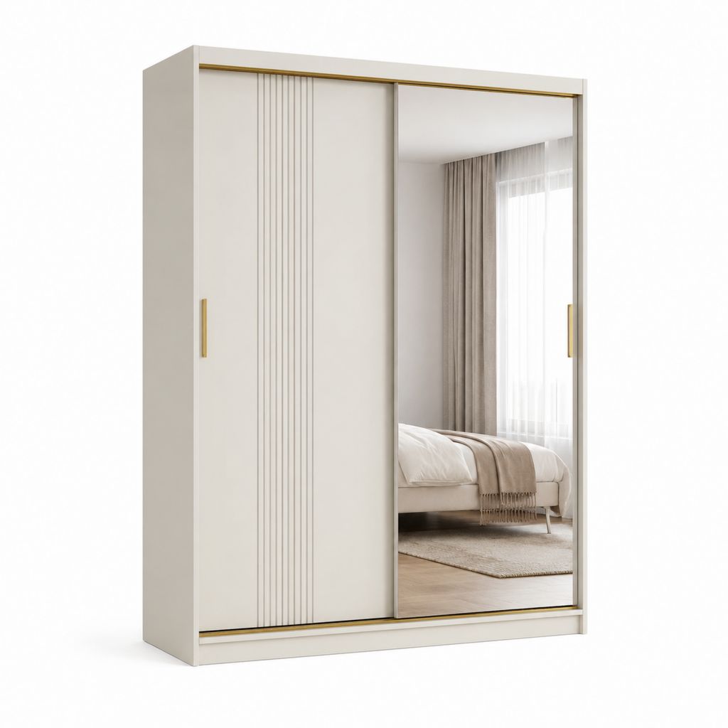 Armadio guardaroba 2 ante scorrevoli bianco e oro in pannello truciolare nobilitato con specchio 180 x 60 x 200 cm