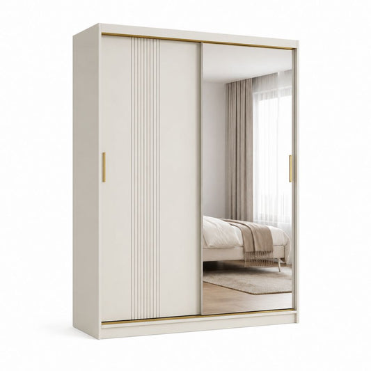 Armadio guardaroba 2 ante scorrevoli bianco e oro in pannello truciolare nobilitato con specchio 180 x 60 x 200 cm