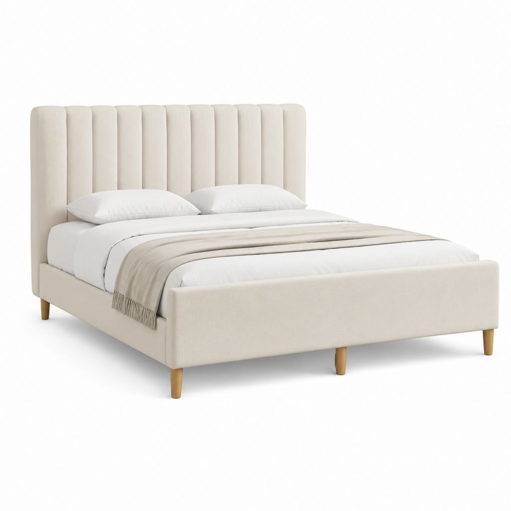 Letto matrimoniale imbottito beige in poliestere con testiera a pannelli 160 x 200 cm