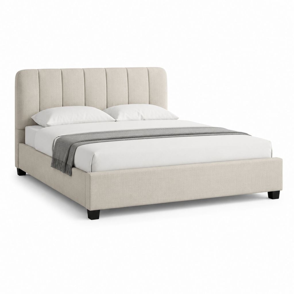 Letto matrimoniale imbottito beige in poliestere con testiera verticale 160 x 200 cm