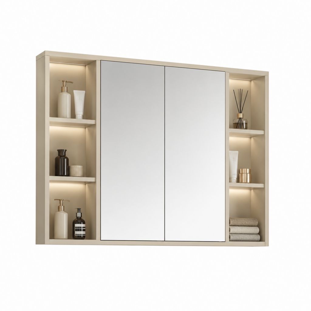 Armadio pensile bagno con specchio LED beige in MDF 100 x 15 x 60 cm