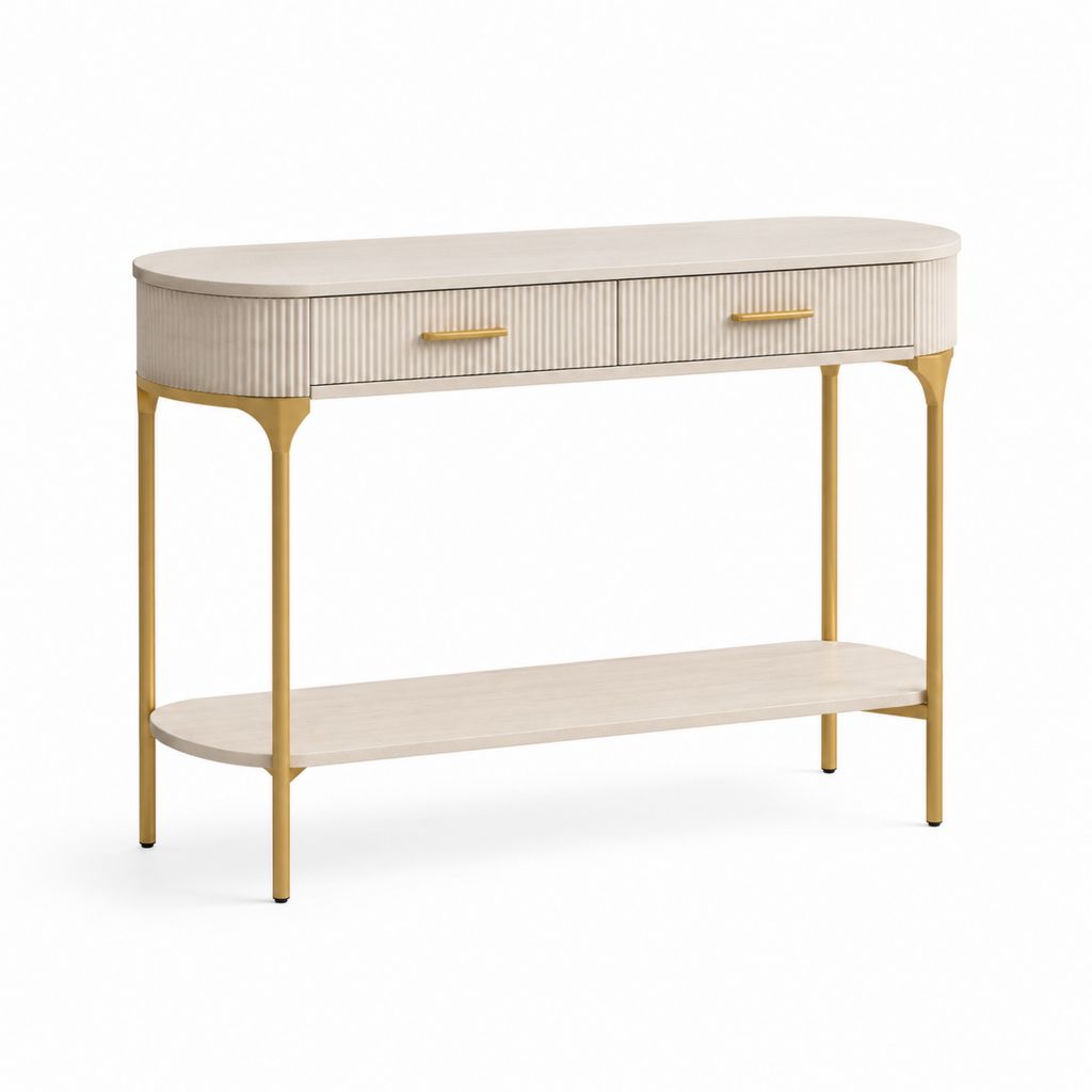 Consolle da ingresso avorio e oro in MDF e acciaio con 2 cassetti 120 x 35 x 80 cm