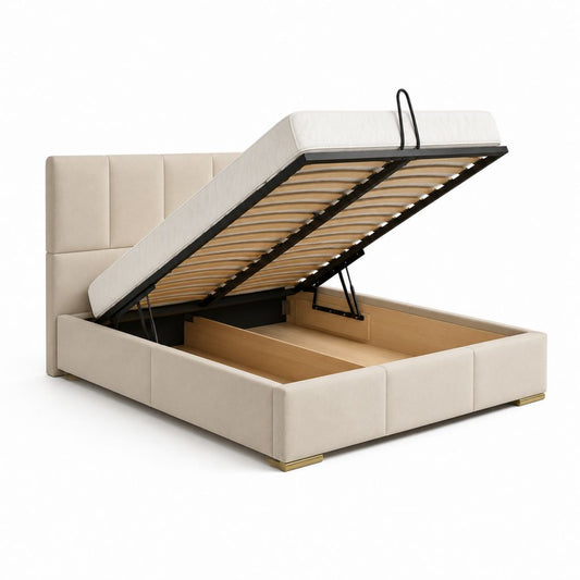 Letto contenitore matrimoniale beige in poliestere con rete a doghe 160 x 200 cm