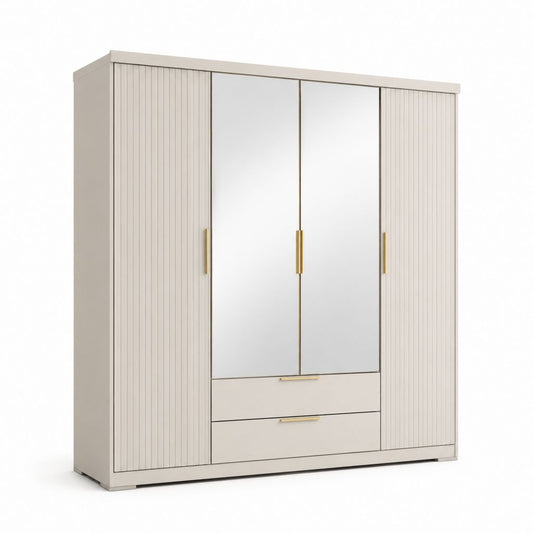 Armadio guardaroba rettangolare 4 ante con specchi beige in pannello truciolare nobilitato 200 x 60 x 220 cm