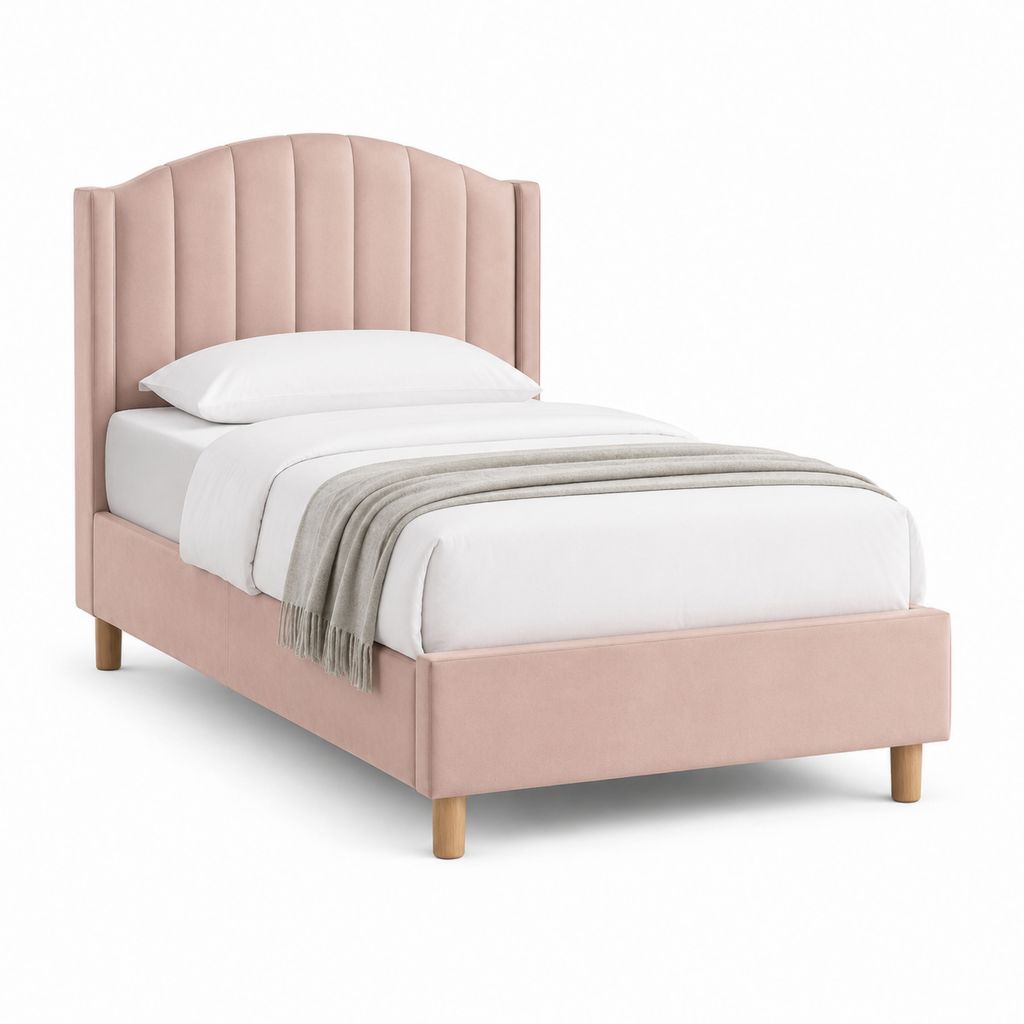 Letto singolo imbottito rosa in velluto di poliestere con testiera arcuata 90 x 200 cm