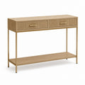 Consolle da ingresso con 2 cassetti e ripiano in MDF effetto rovere naturale e acciaio dorato 120 x 40 x 85 cm