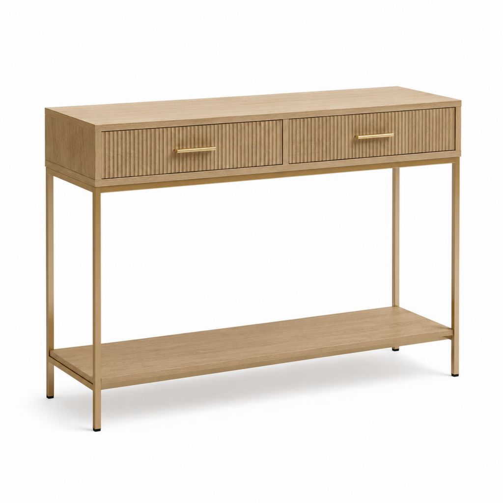 Consolle da ingresso con 2 cassetti e ripiano in MDF effetto rovere naturale e acciaio dorato 120 x 40 x 85 cm
