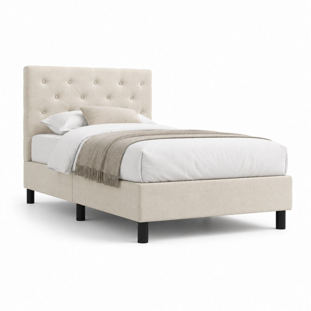 Letto matrimoniale imbottito beige in poliestere con testiera capitonné 160 x 200 cm