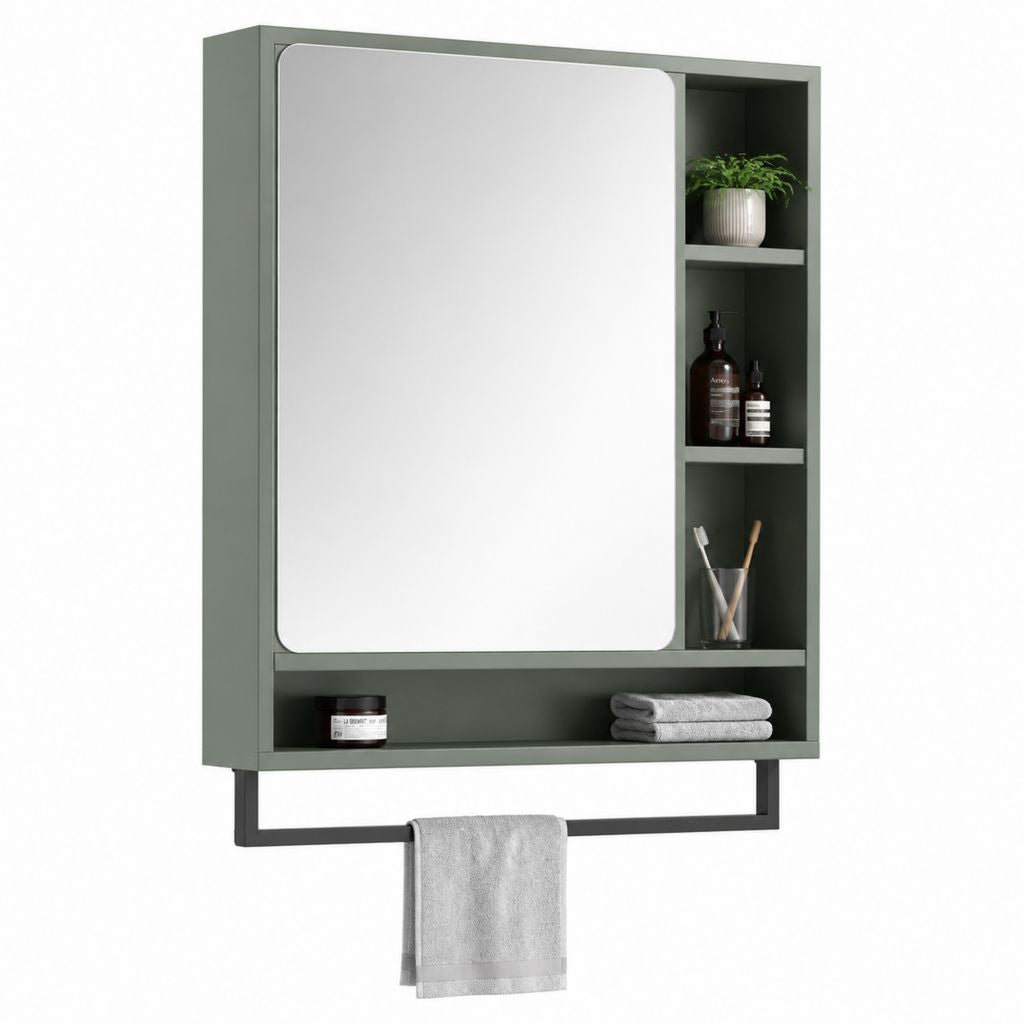 Armadietto bagno con specchio verde salvia in MDF 60 x 80 x 15 cm con ripiani e portasciugamani